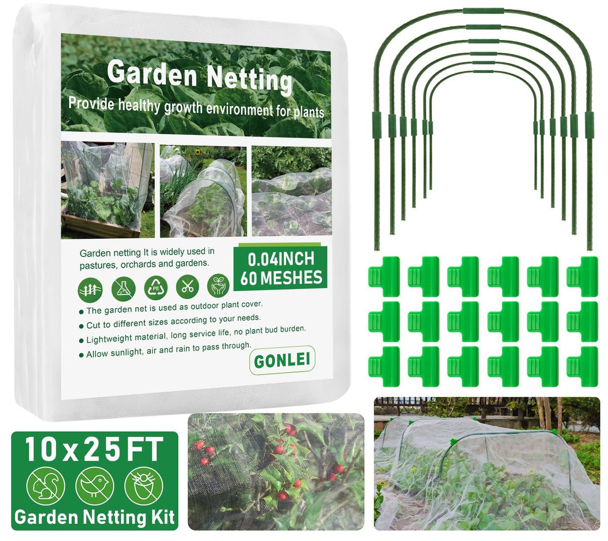 GonLei garden mesh netting kit 10x25ft protects raised beds with breathable coverage.