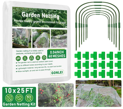 GonLei garden mesh netting kit 10x25ft protects raised beds with breathable coverage.