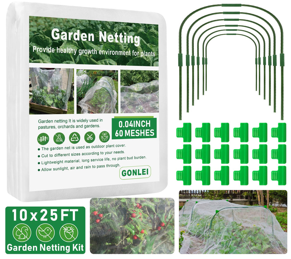 GonLei garden mesh netting kit 10x25ft protects raised beds with breathable coverage.