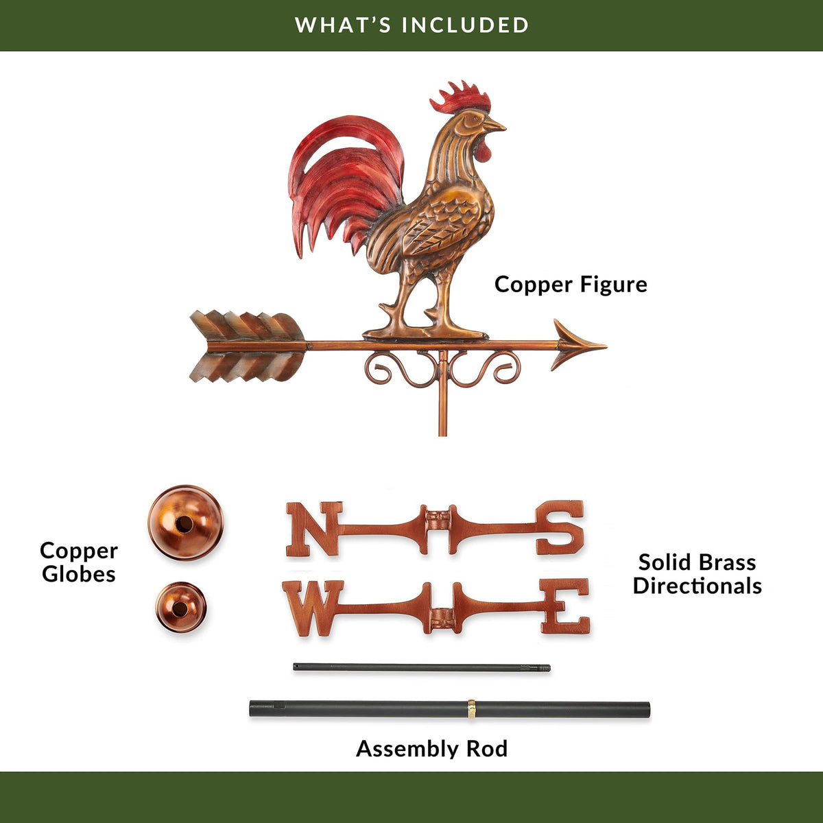 Good Directions Bantam red rooster copper weathervane spins smoothly in windy conditions.