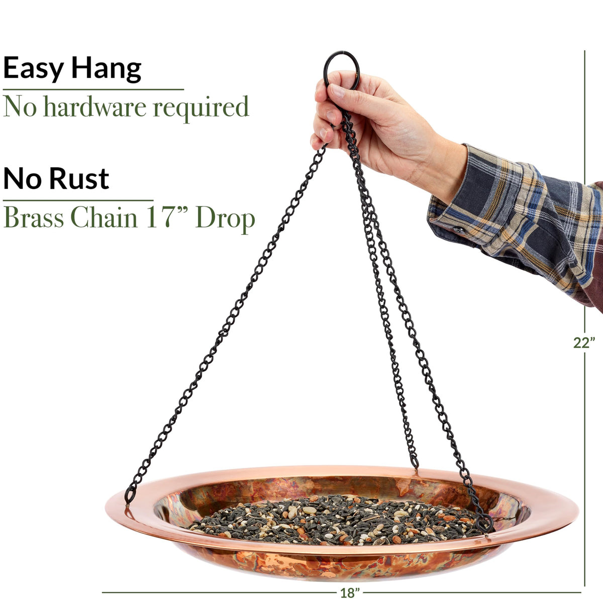 Good Directions Hanging Fire Copper Bird Bath closeup shows natural patina and copper finish
