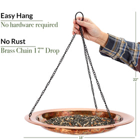 Good Directions Hanging Fire Copper Bird Bath closeup shows natural patina and copper finish