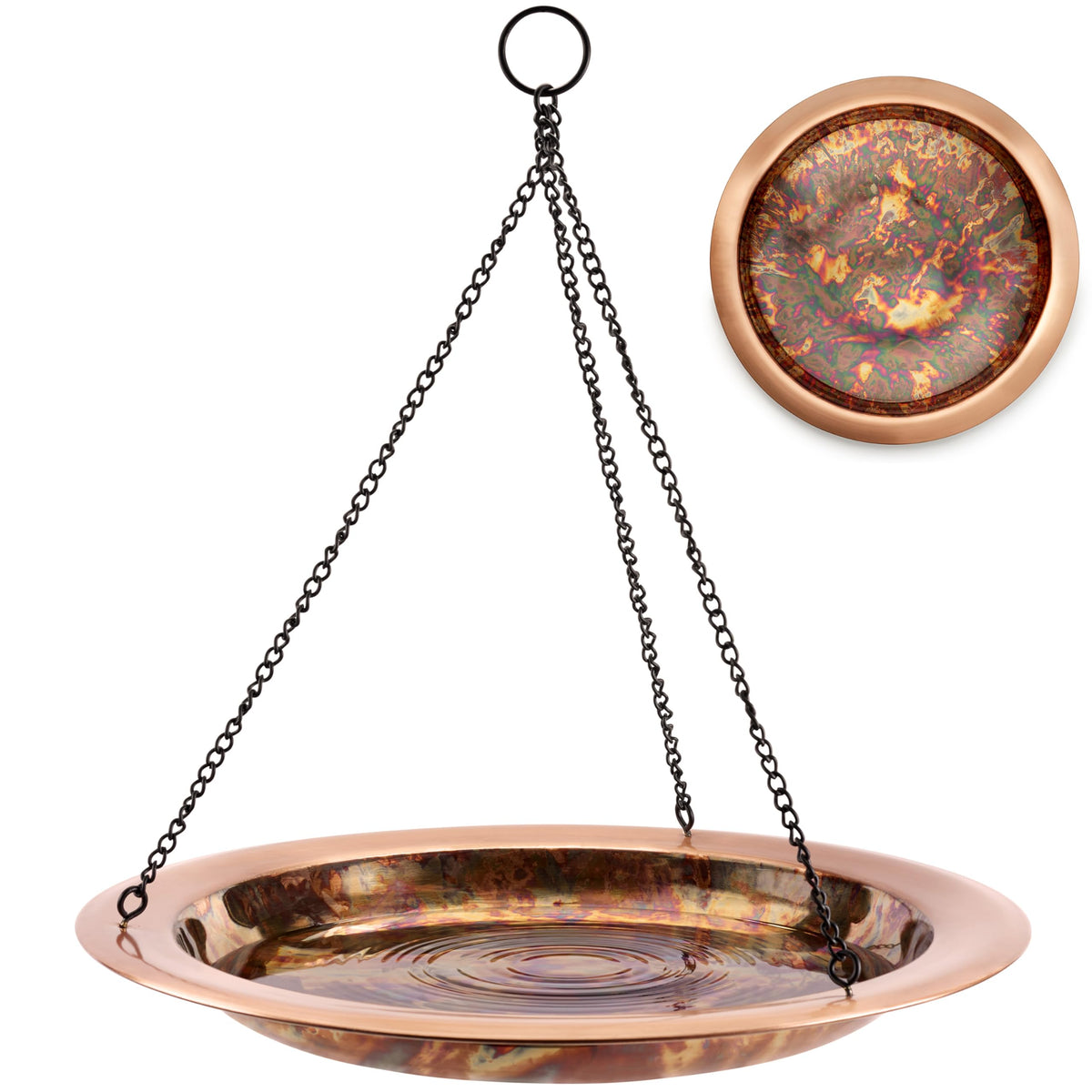Good Directions Hanging Fire Copper Bird Bath edge perch for drinking in sunlit garden
