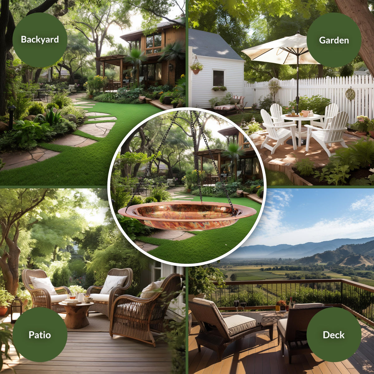 Good Directions Hanging Fire Copper Bird Bath in a lush garden setting as focal point