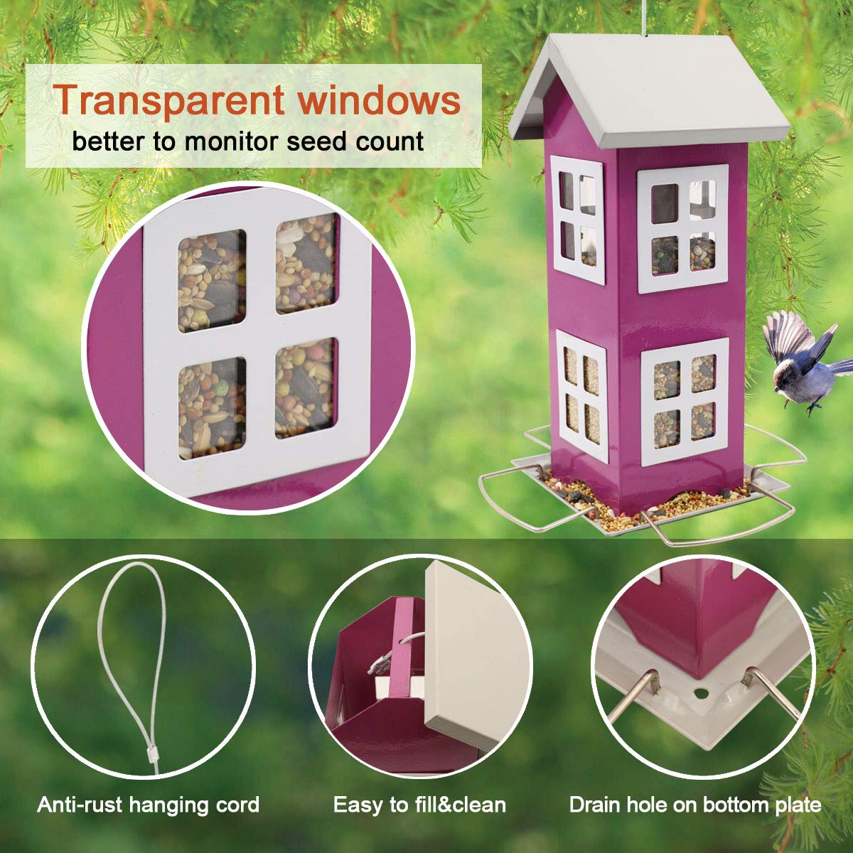 Goodeco feeder with clear windows to monitor seed levels at a glance.