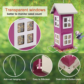 Goodeco feeder with clear windows to monitor seed levels at a glance.