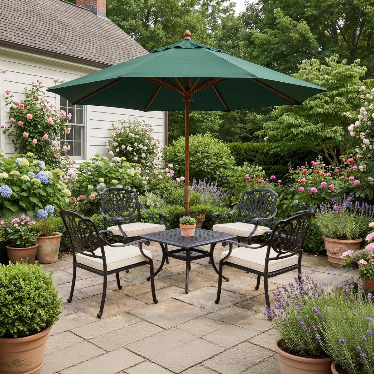 Goodgoods cushions on a patio set offer comfortable outdoor dining.