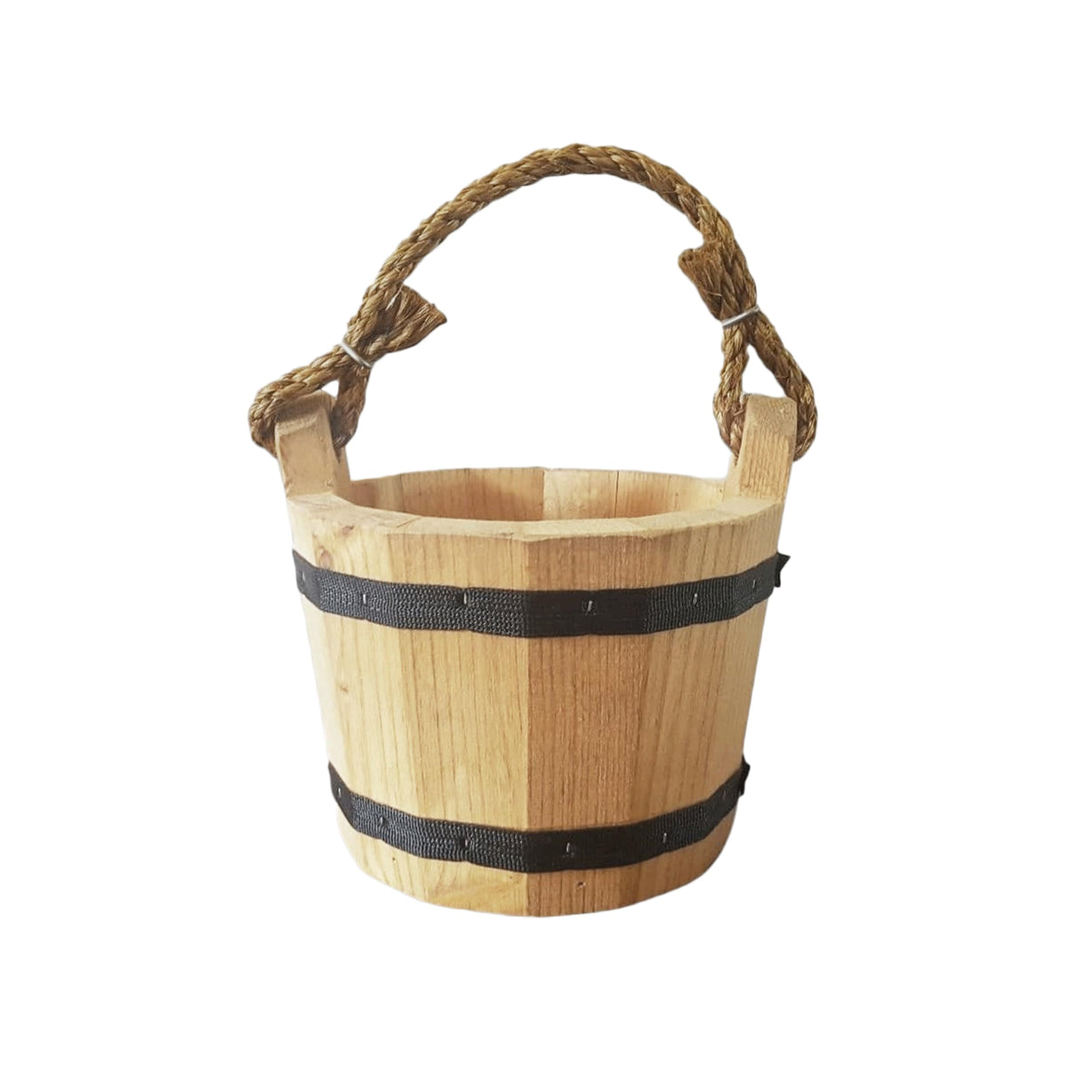 Goodwood wooden bucket 6x8 with rope handle, ideal decorative display in home or garden.