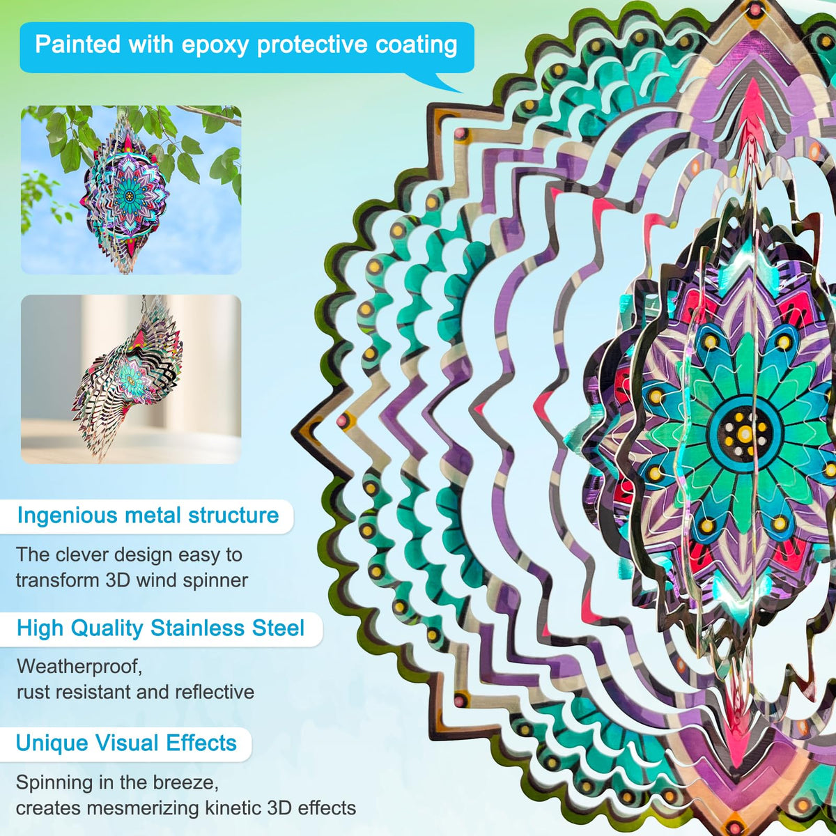 Goolyrusim wind spinner 3D mandala design emits vibrant color in sun