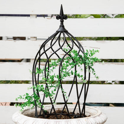 Goooxim 23-inch metal obelisk trellis supports roses in a sunny garden.