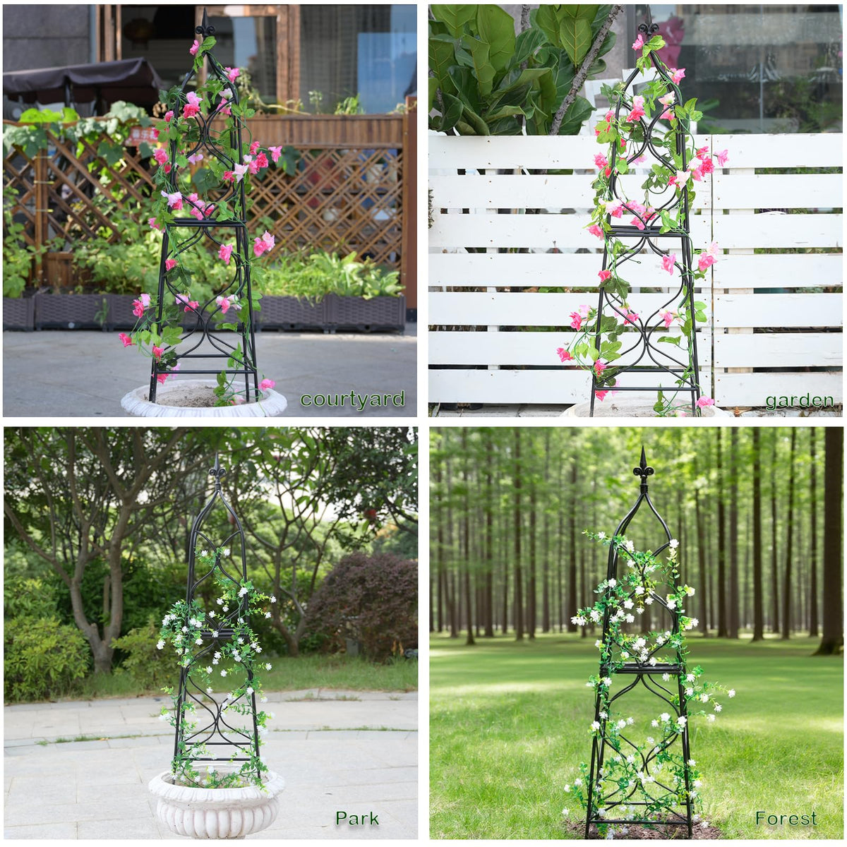 Goooxim Obelisk Trellis shown integrated into a garden setup.