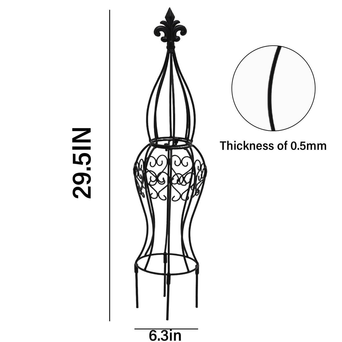 GOOOXIM Obelisk trellis shows durable iron construction for lasting outdoor use.