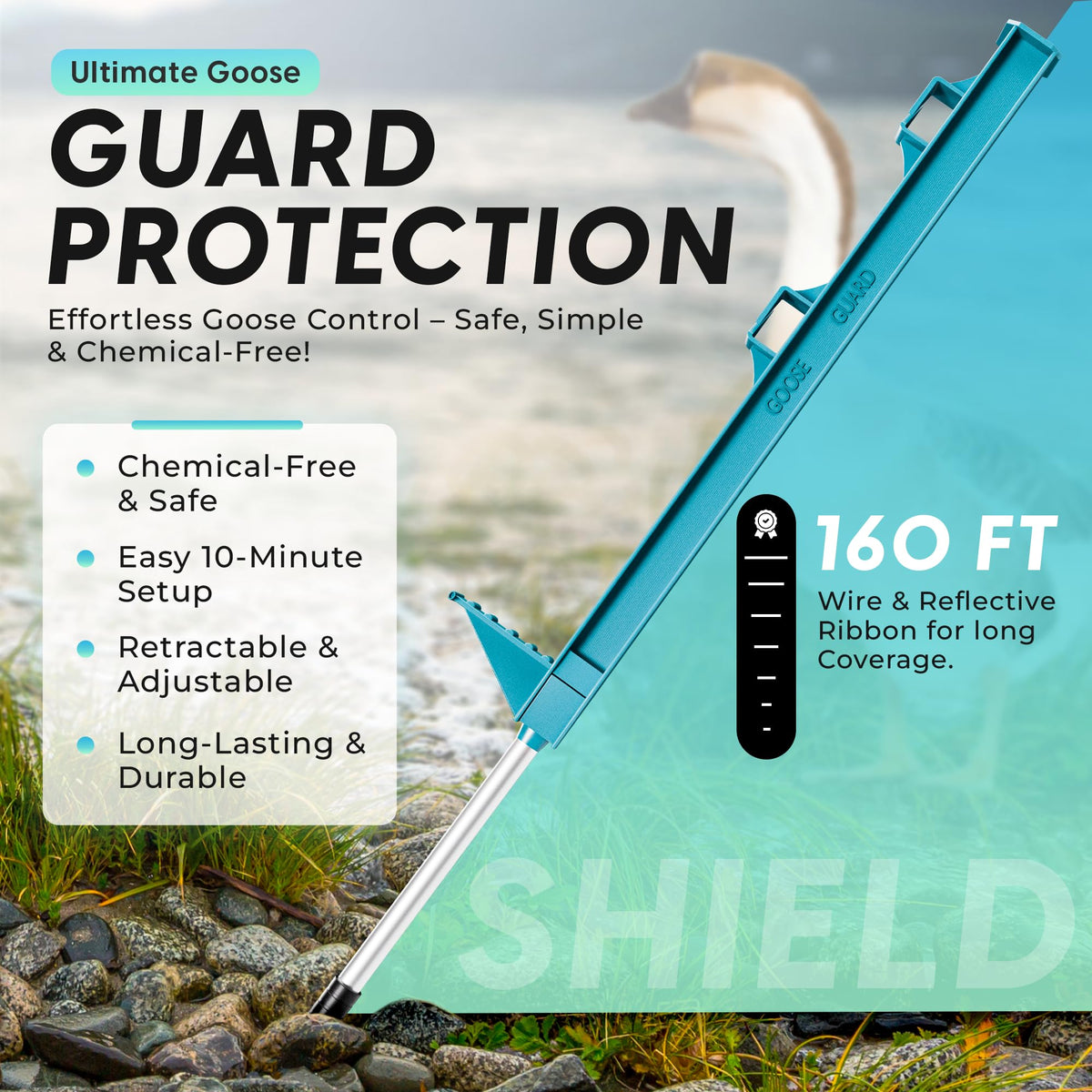 Goose Guard wire-assembly shows a sturdy barrier between posts for reliable protection.