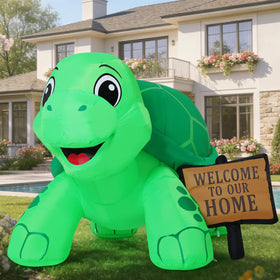GOOSH 5 ft tortoise inflatable with built-in LED welcome sign lights at night.