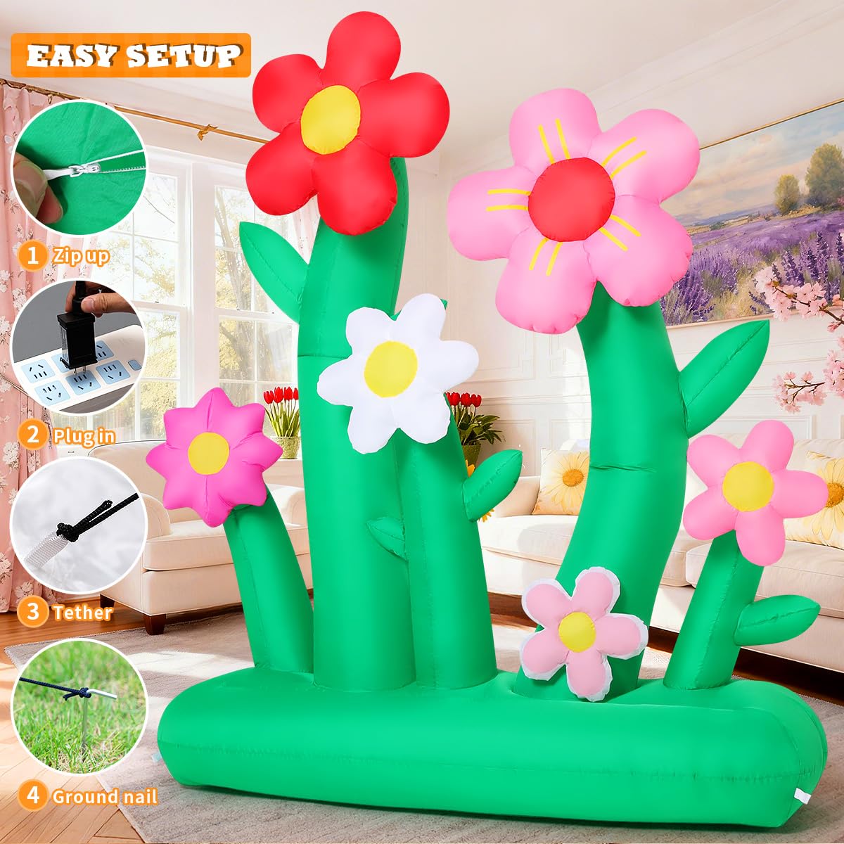 GOOSH 7ft inflatable flowers fabric detail emphasizes weather-proof polyester.