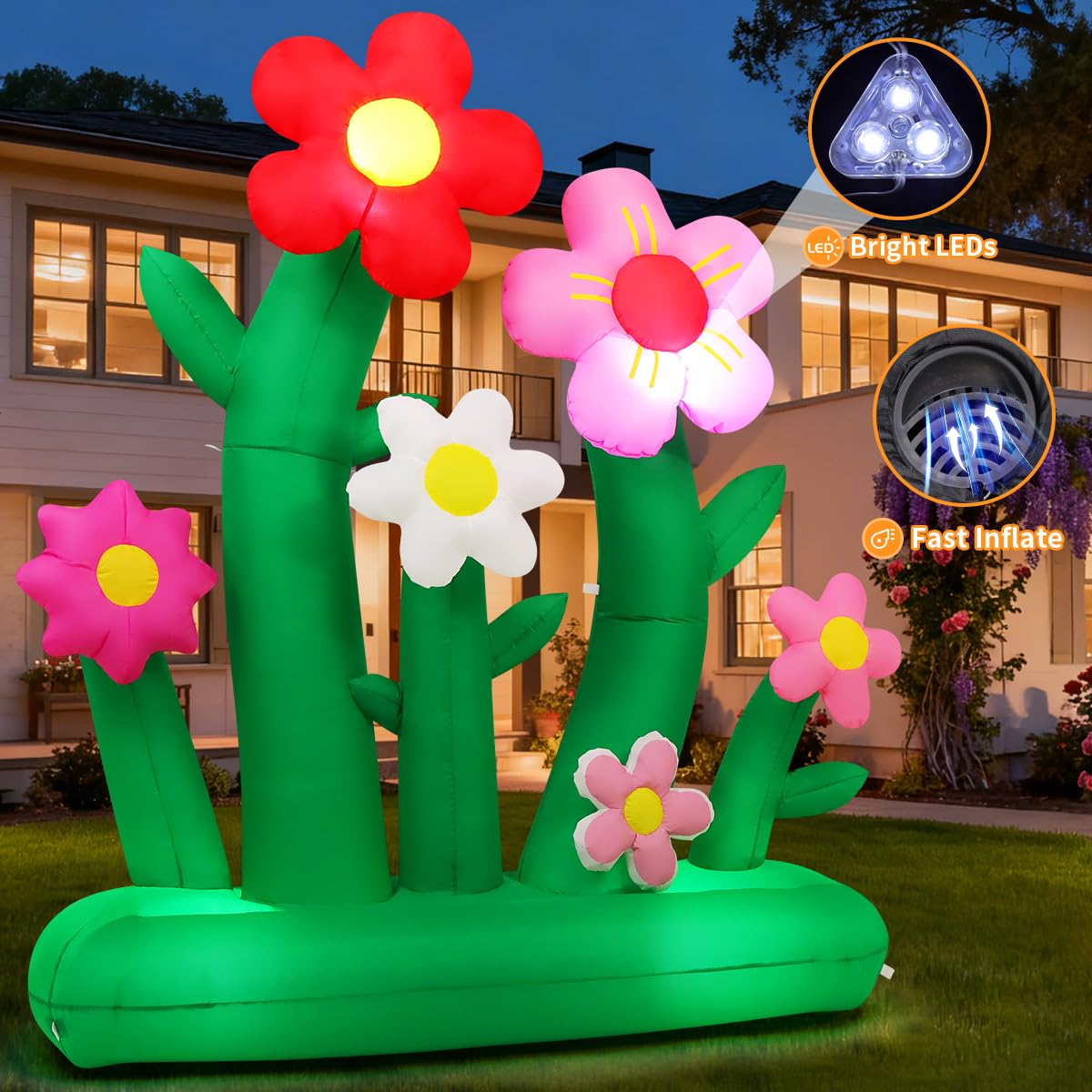 GOOSH 7ft inflatable flowers ground-stakes setup shows secure outdoor use.