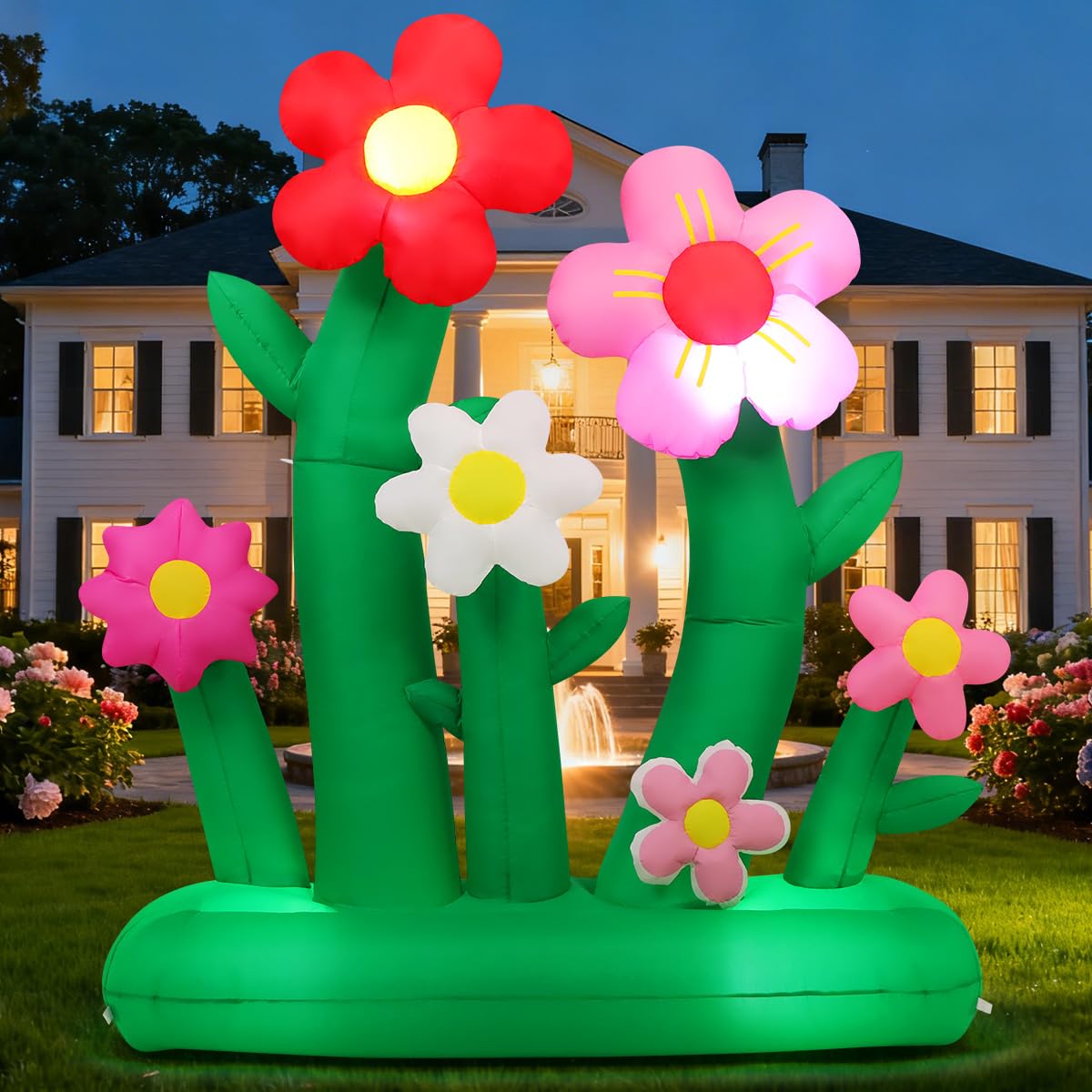 GOOSH 7ft inflatable flowers LED lighting close-up highlights night-time ambiance.