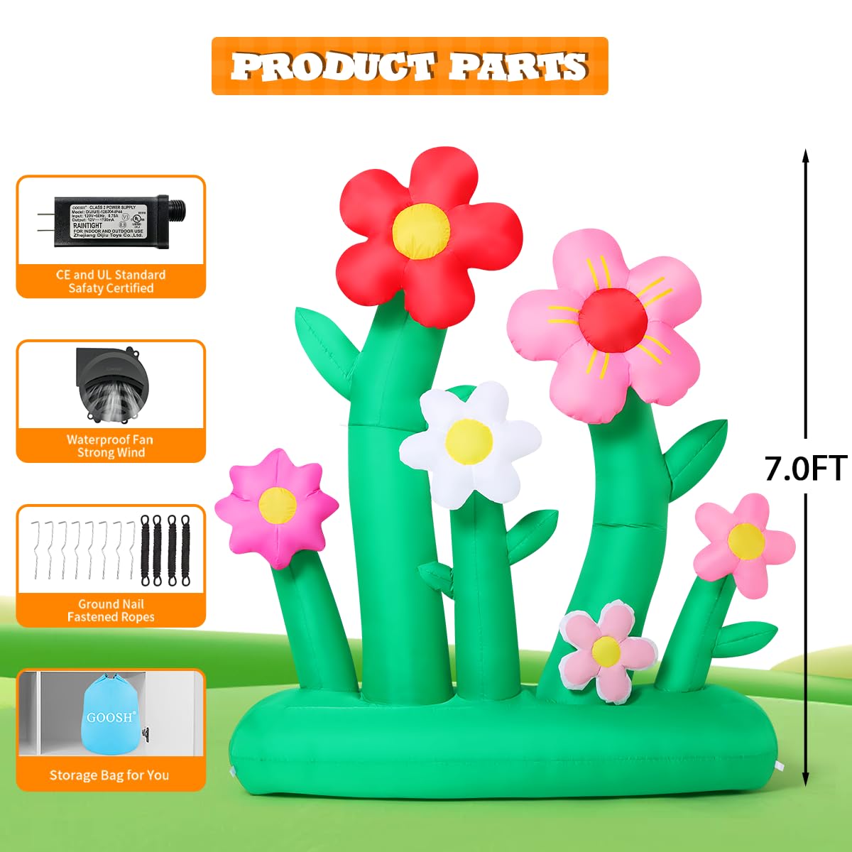 GOOSH 7ft inflatable flowers storage bag image demonstrates easy deflation and storage.