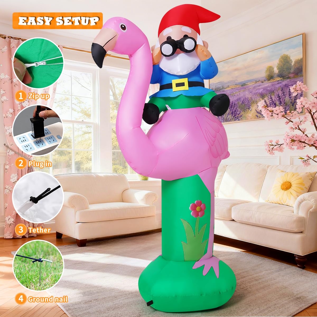 GOOSH flamingo setup image shows ground stakes and sandbags keeping décor sturdy.