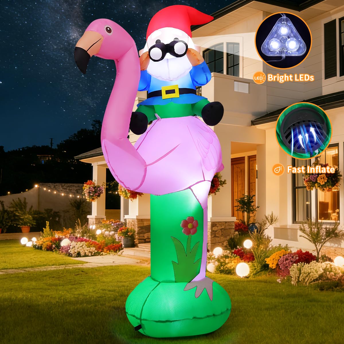 GOOSH flamingo LED inflatable lights up night-time gatherings in gardens.