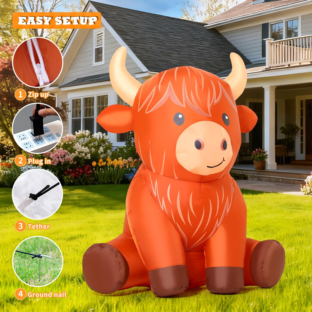GOOSH Highland Cow inflatable contents show stakes and adapter for quick setup