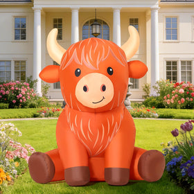 GOOSH Highland Cow inflatable garden at dusk with LED lights enhances festive ambience