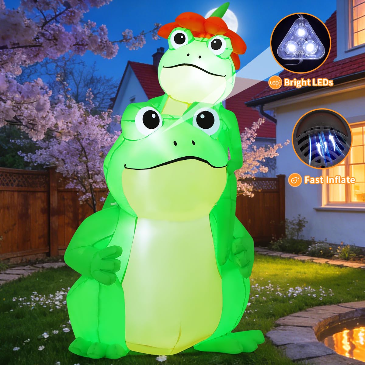 GOOSH inflatable frog garden decor lit by built-in LEDs for evening ambiance
