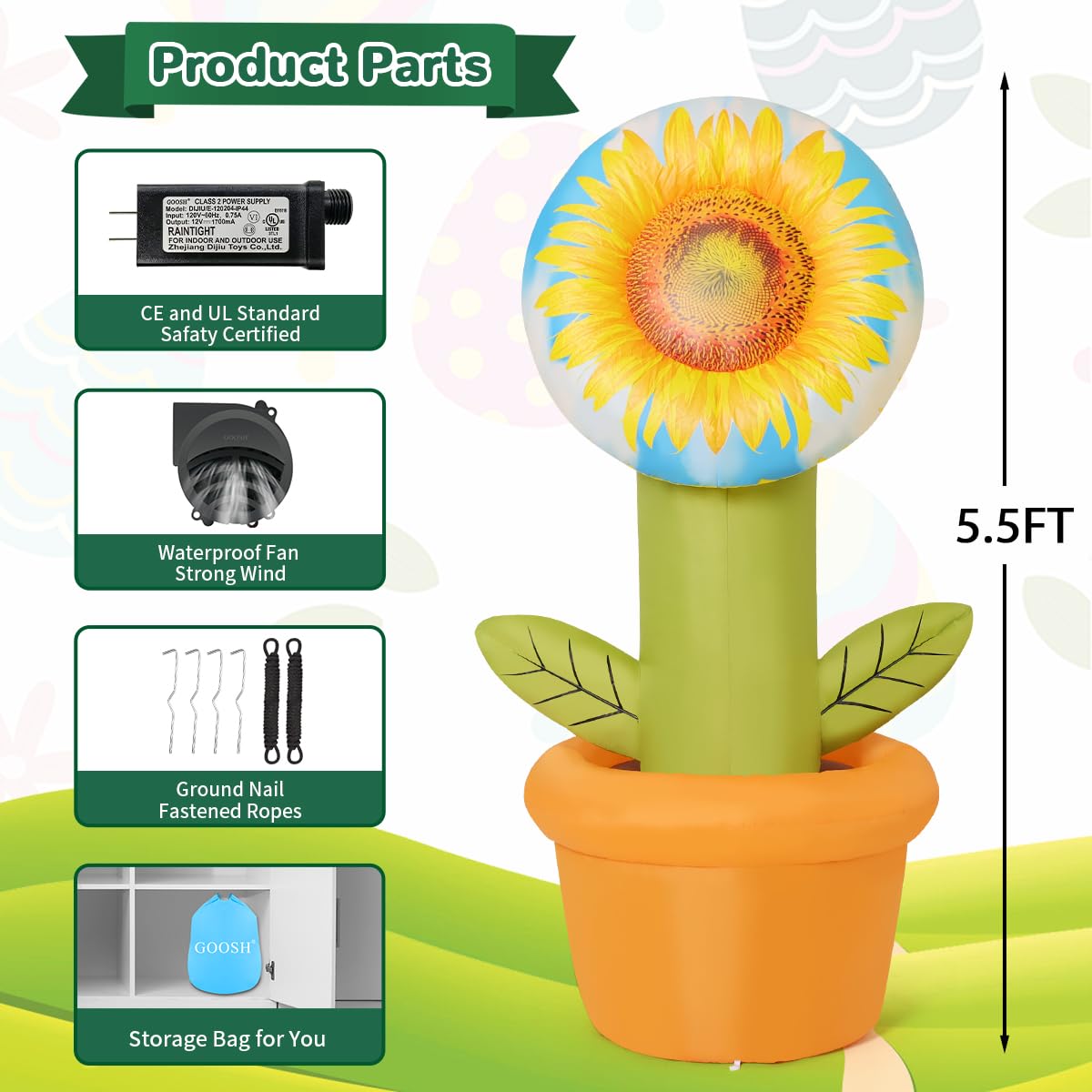 GOOSH 5.5ft tall sunflower inflatable adds welcoming height to yard.