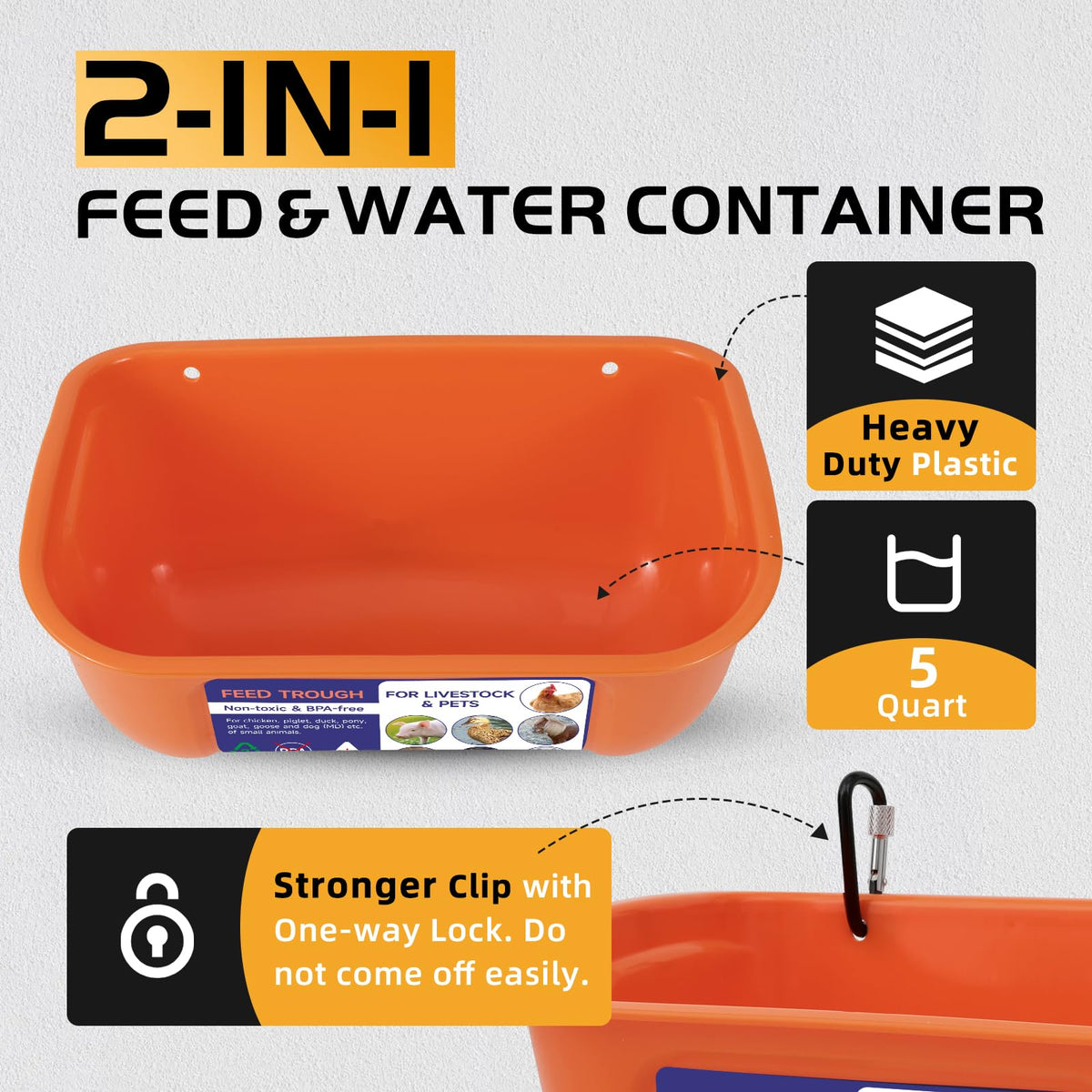 Goovilla 5-quart capacity detail highlights long feeding intervals for small flocks.