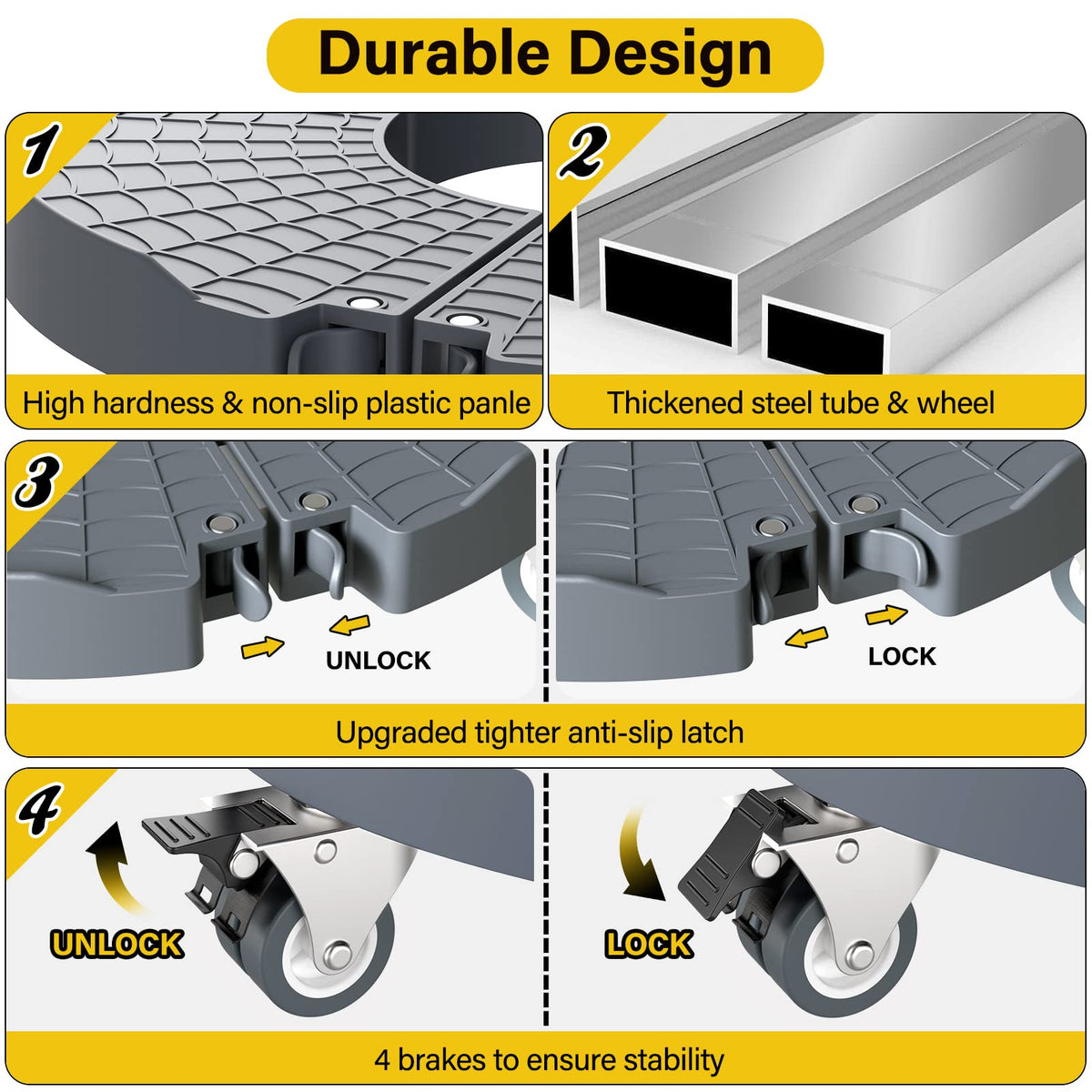 Goovilla four-wheel design with brakes enables smooth movement and stable placement.