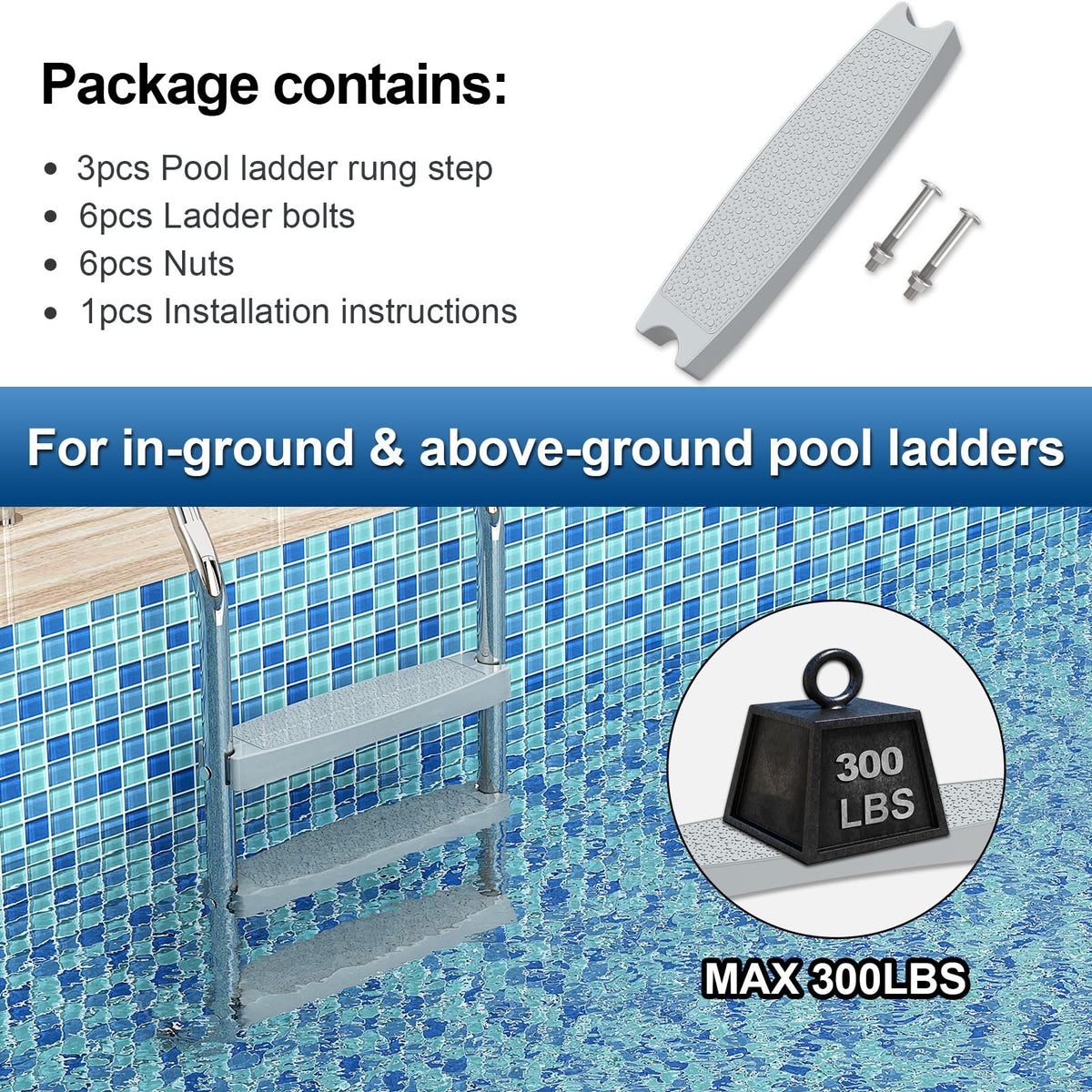 Goovilla heavy-duty molded plastic steps with stainless bolts resist underwater corrosion.