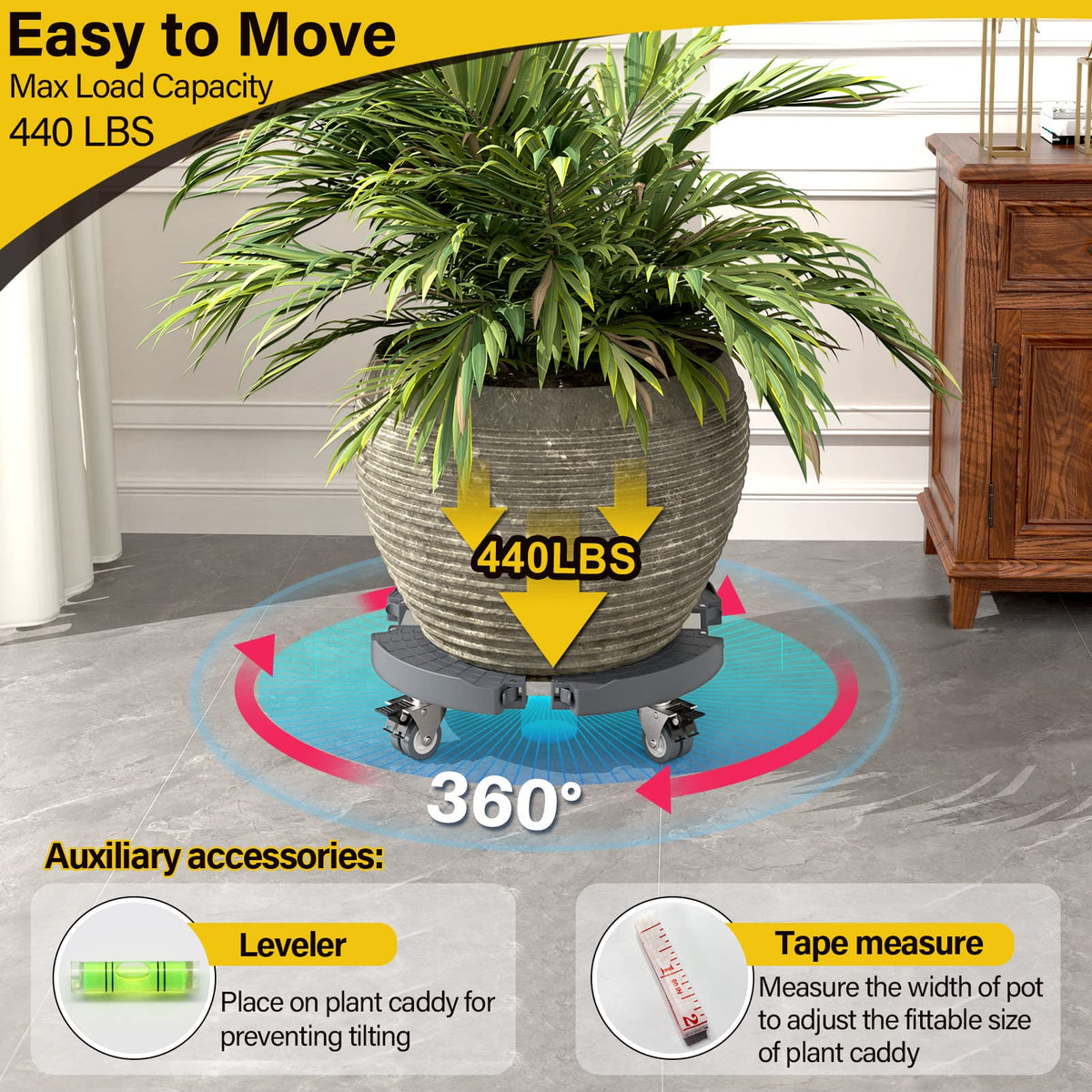 Goovilla plant dolly adjustable length from 15.7 to 22.4 inches for larger planters.