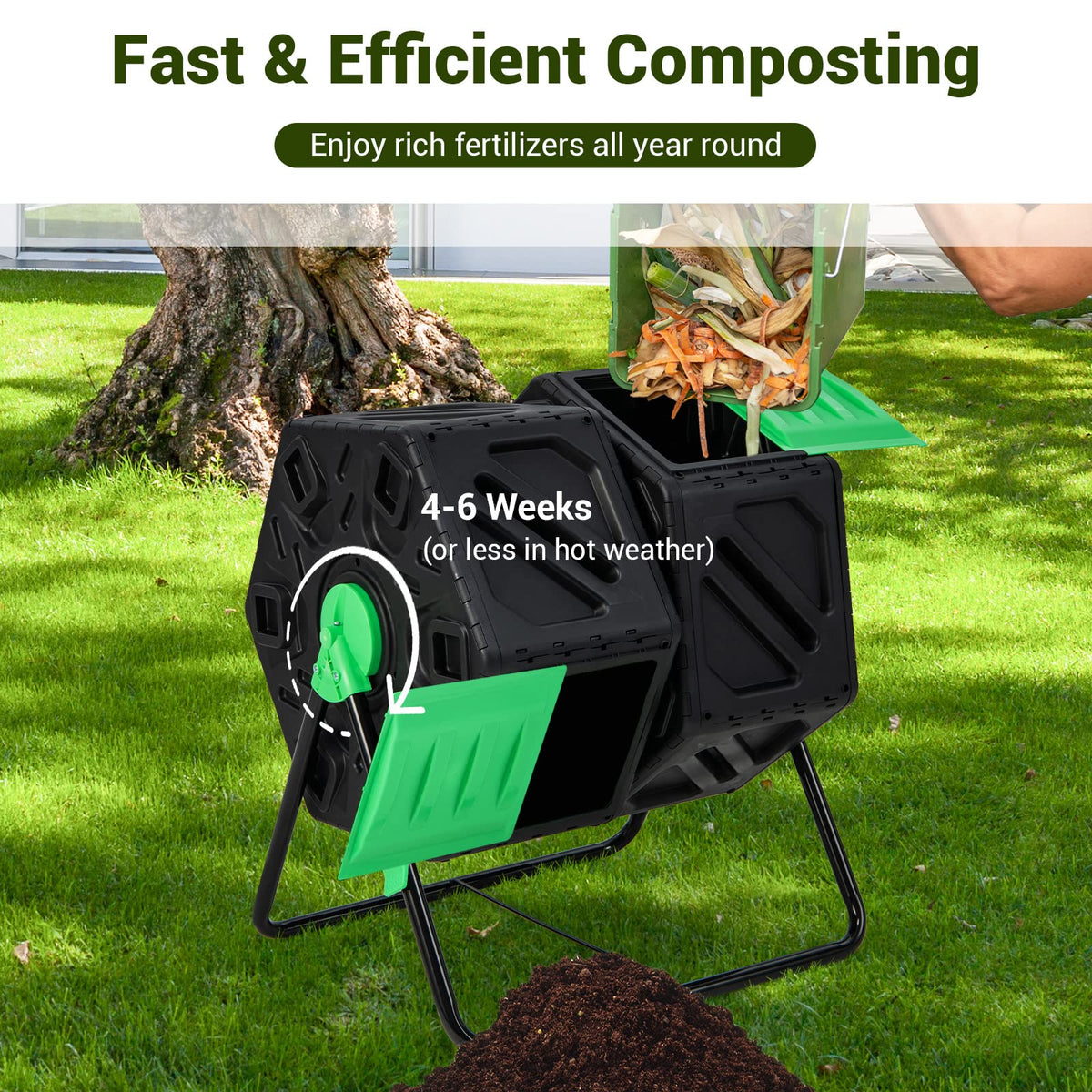 Goplus 360-degree rotation speeds mixing for faster, even decomposition.