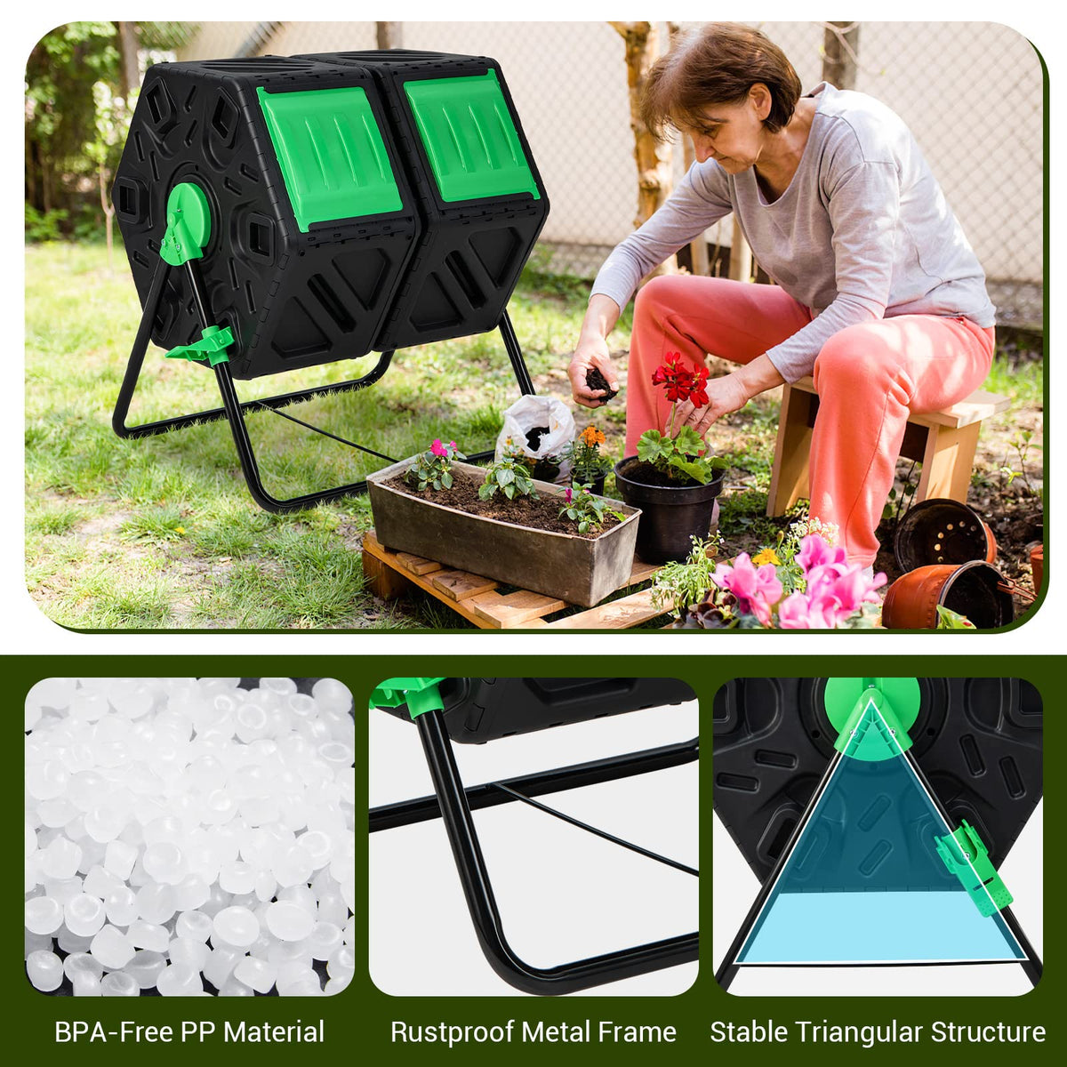 Goplus BPA-free PP body with rust-resistant frame stands up to outdoors.