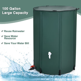 Goplus rain barrel positioned under downspout for efficient collection.