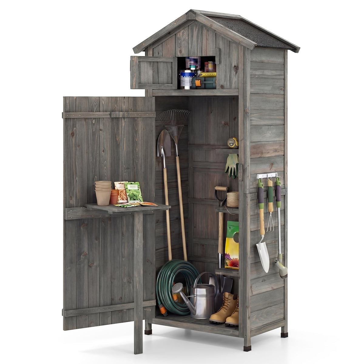 Goplus garden storage shed front view showing roomy interior for tools and gear