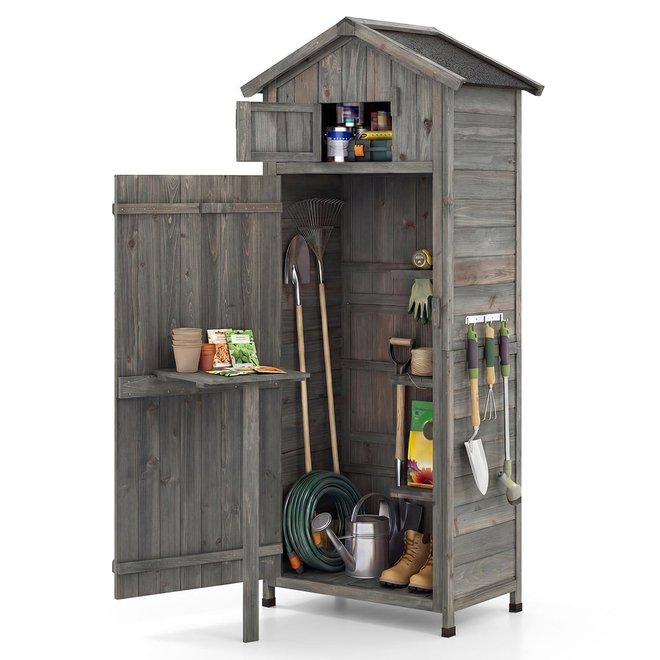 Goplus garden storage shed front view showing roomy interior for tools and gear