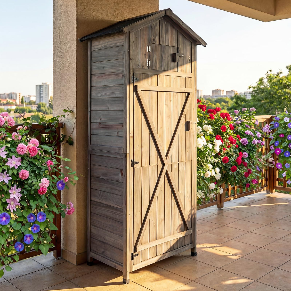 Goplus wooden shed side view highlighting sturdy fir frame for outdoor use