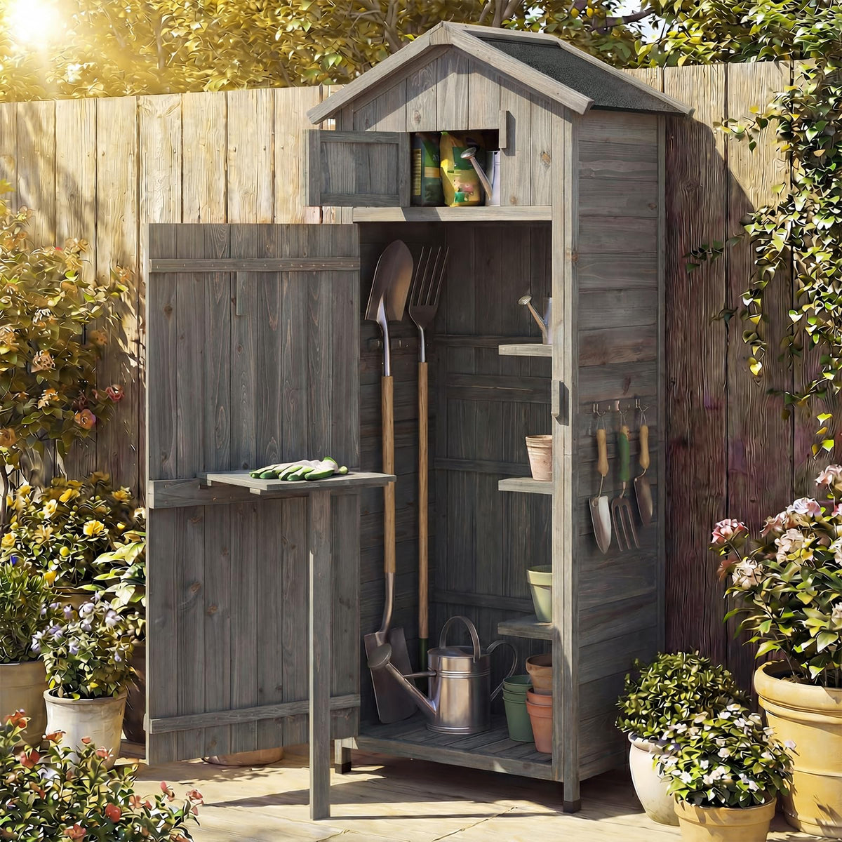 Goplus weatherproof wooden shed blends with outdoor spaces and stores gear