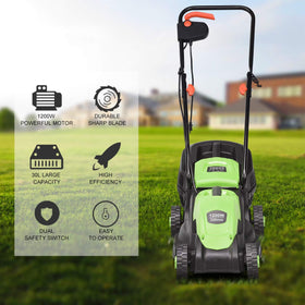 Goplus 2-in-1 design enabling mulching and bagging for versatile lawn care.