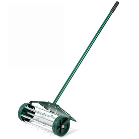 Goplus rolling lawn aerator in action for deeper soil penetration and healthier turf.