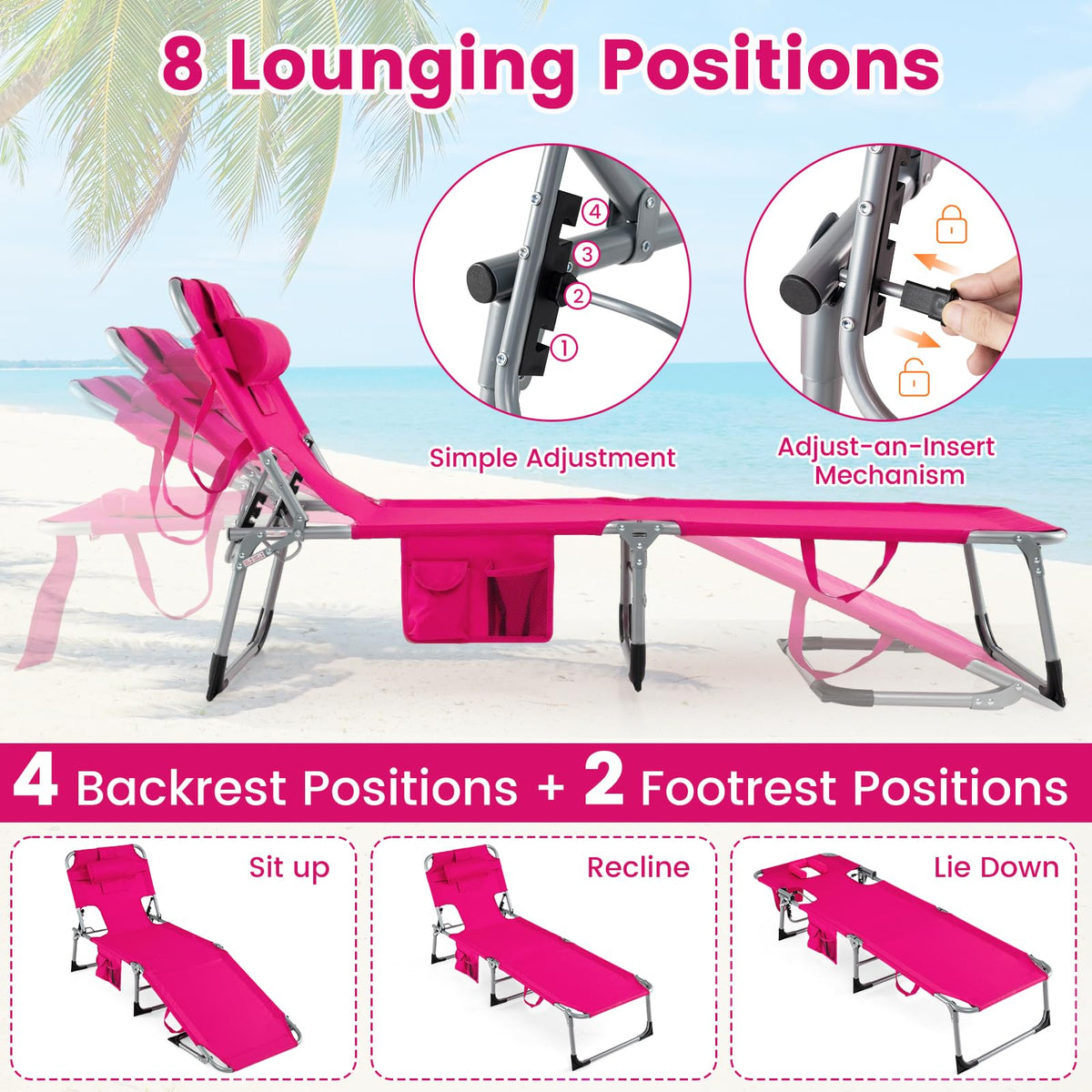 Goplus Tanning Chair showing eight-position backrest and footrest for customizable comfort