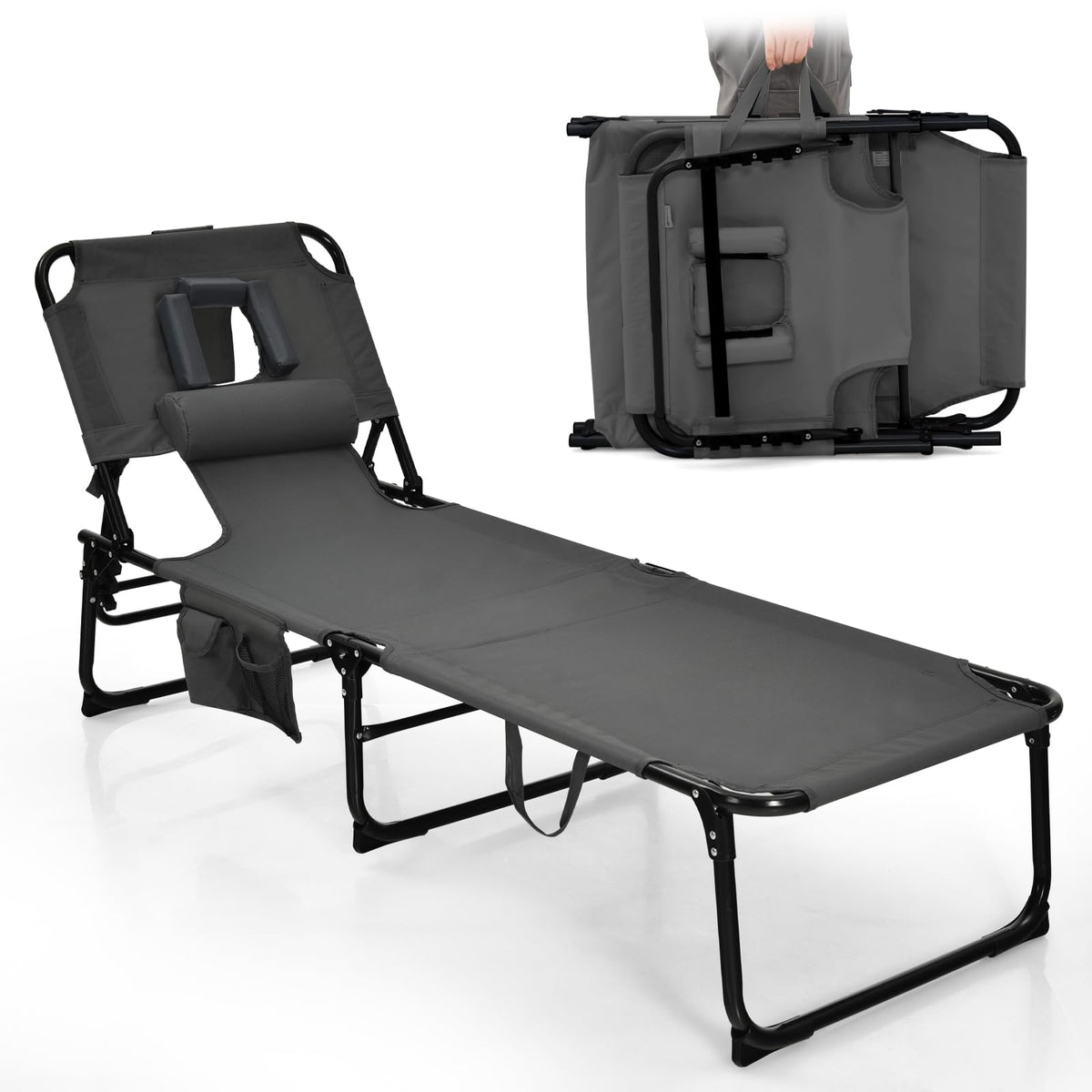 Goplus tanning chair with face-hole open for comfortable prone sunbathing.