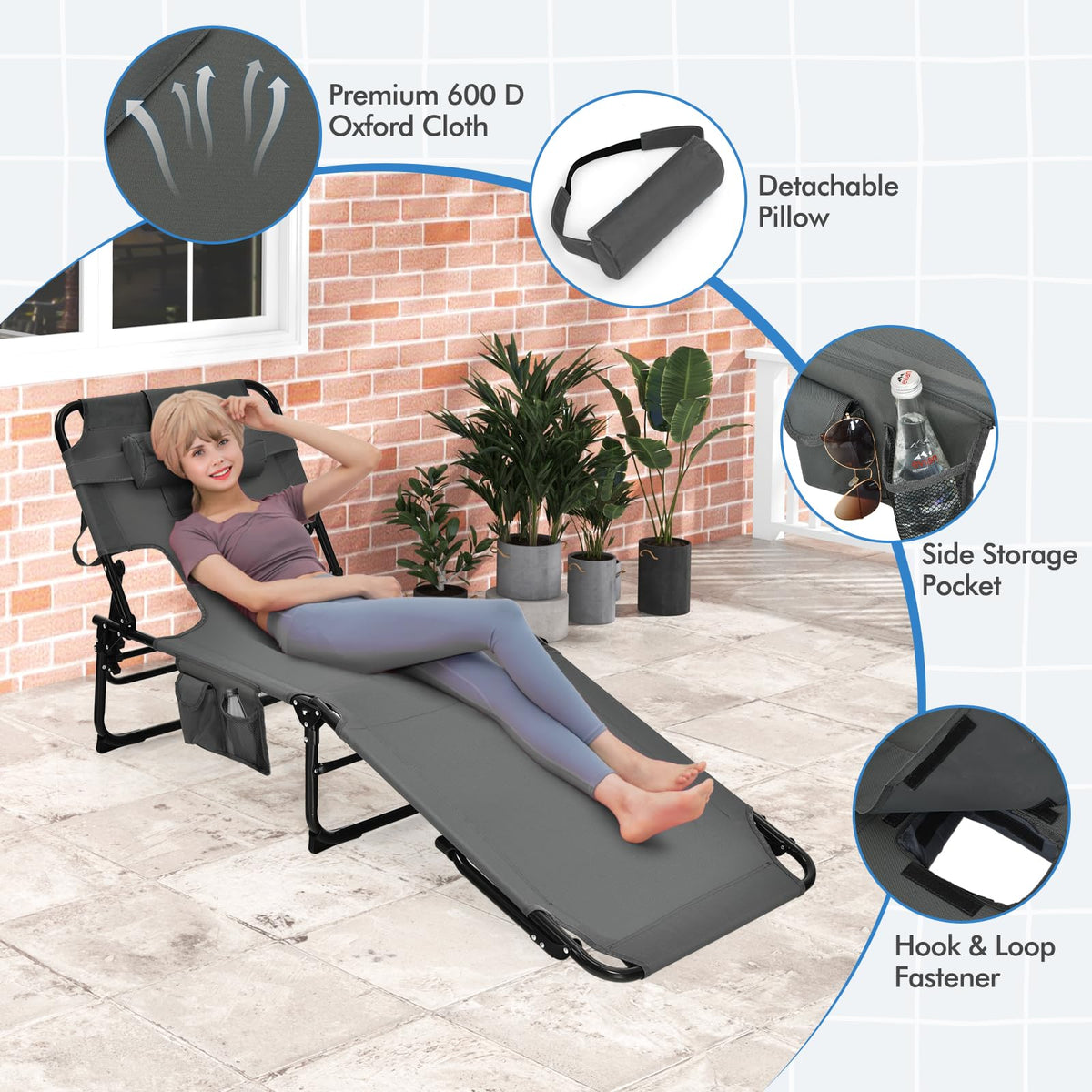 Goplus tanning chair folded compact for portable outdoor use.
