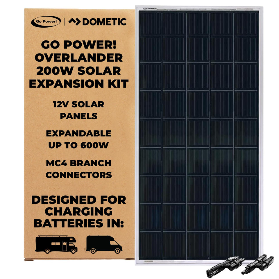 Go Power Overlander-E 200W panel side view for RV expansion and off-grid charging.