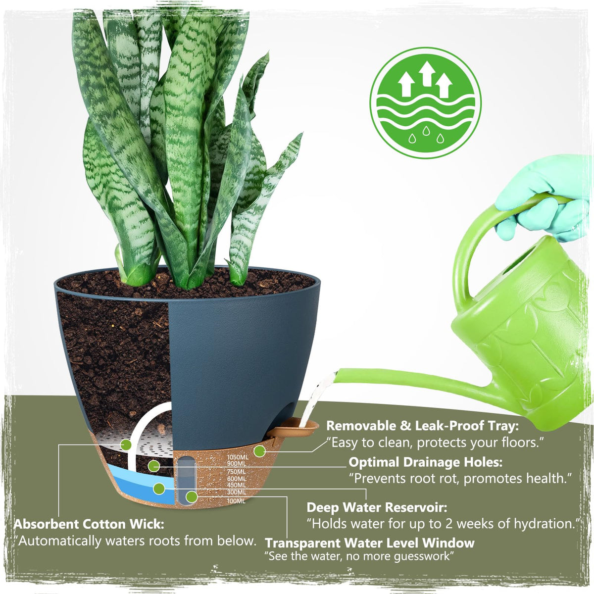 Goproauto self-watering pot 8-inch for desk plants and herbs