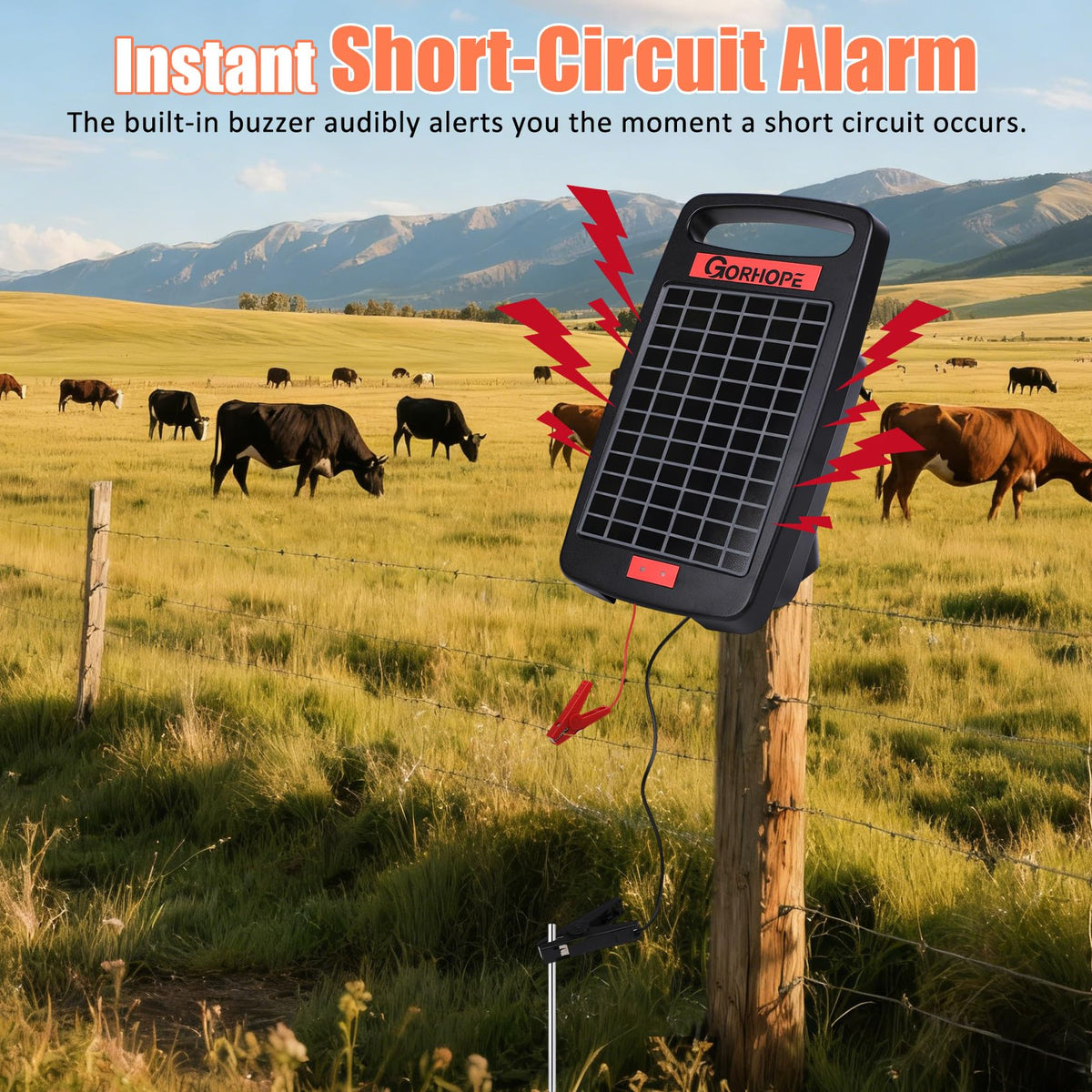 Gorhope solar panel assembly powers the fence charger for nonstop operation.