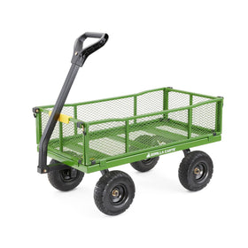 Gorilla Carts 10-inch no-flat tires provide stable rolling on rough terrain.
