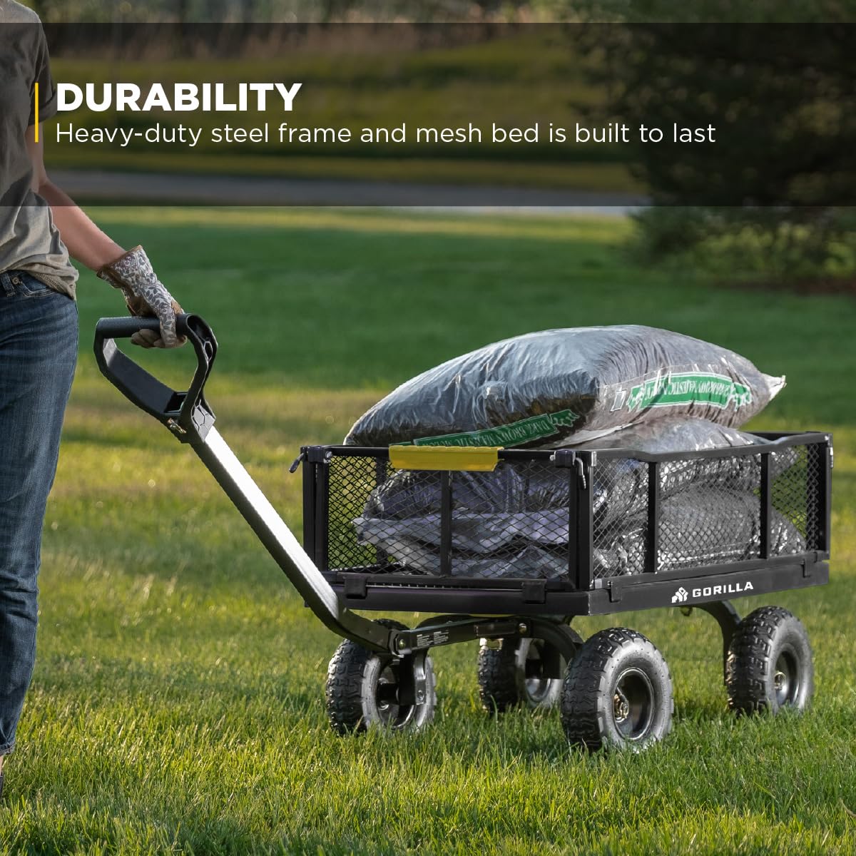 Gorilla Carts 2in1 pull/tow handle for handheld hauling or tractor hitching.