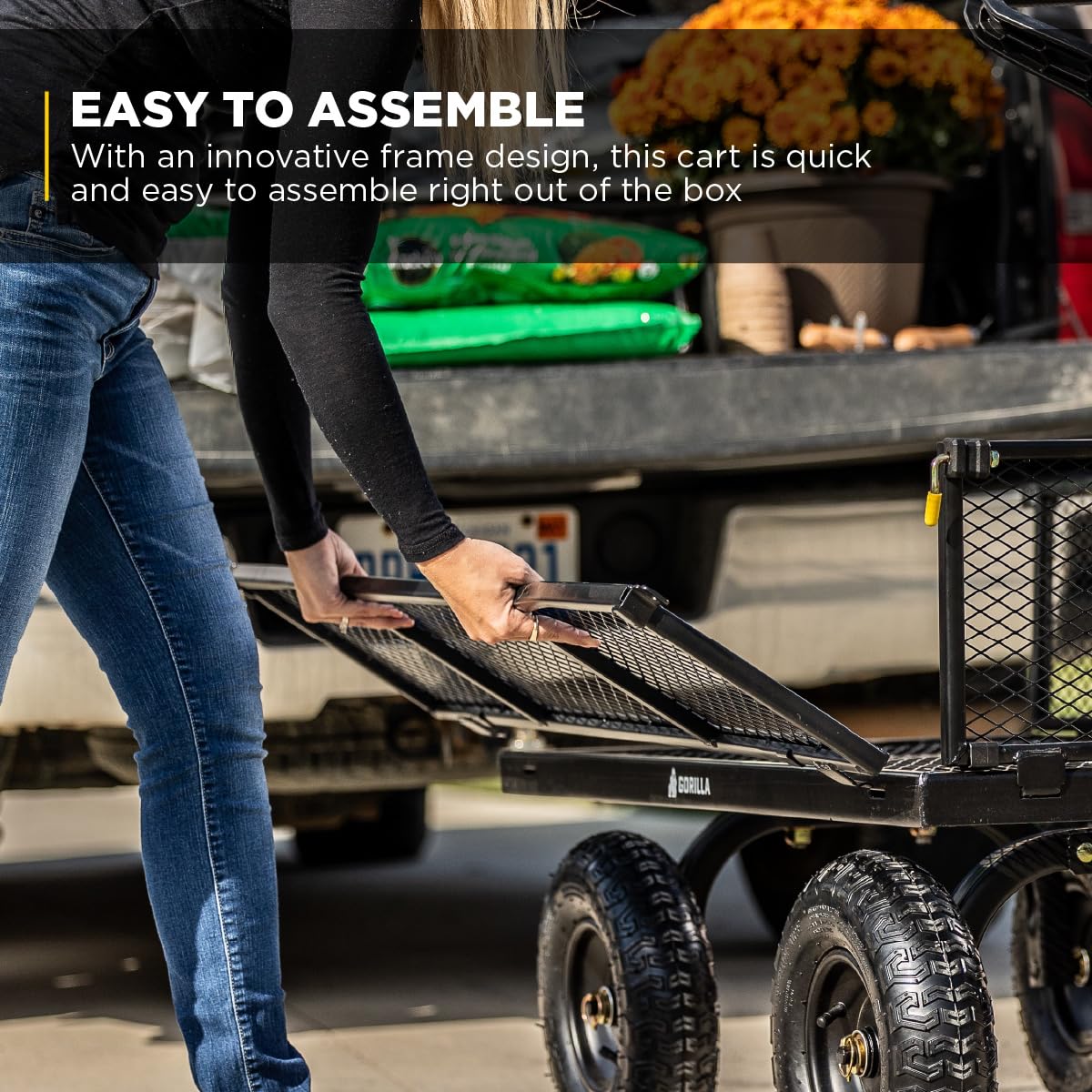 Gorilla Carts all-terrain tires rolling smoothly over dirt and grass.